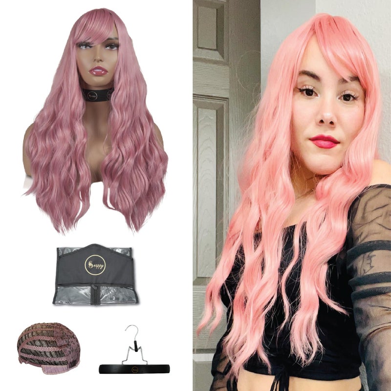 SNAPPY Pink Wigs for Women Heat Resistant Wavy Pink Curly Wig 24 inch Long Pink Wig for Easy Styling Synthetic Pink Wig with Bangs Light Pink Wig Pink Cosplay Wig Party Wigs and Daily Wear